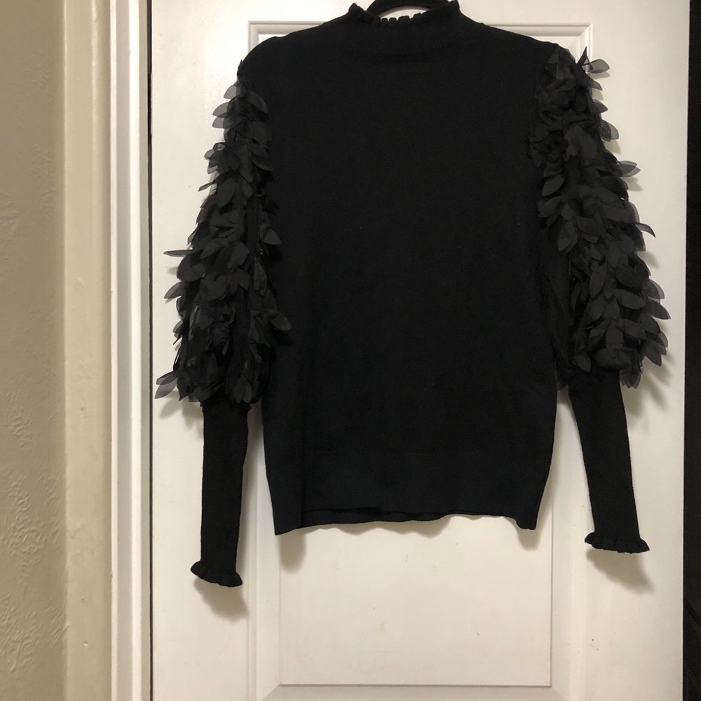 Sioni Black Ribbed Knit Top with Frilled Neckline Size M - Picture 3 of 8